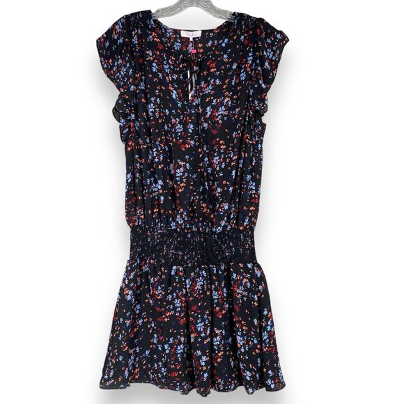 Parker Dress Womens Large Black Floral Mini Smocked Cap Sleeve Shift Flutter NEW - Picture 1 of 12